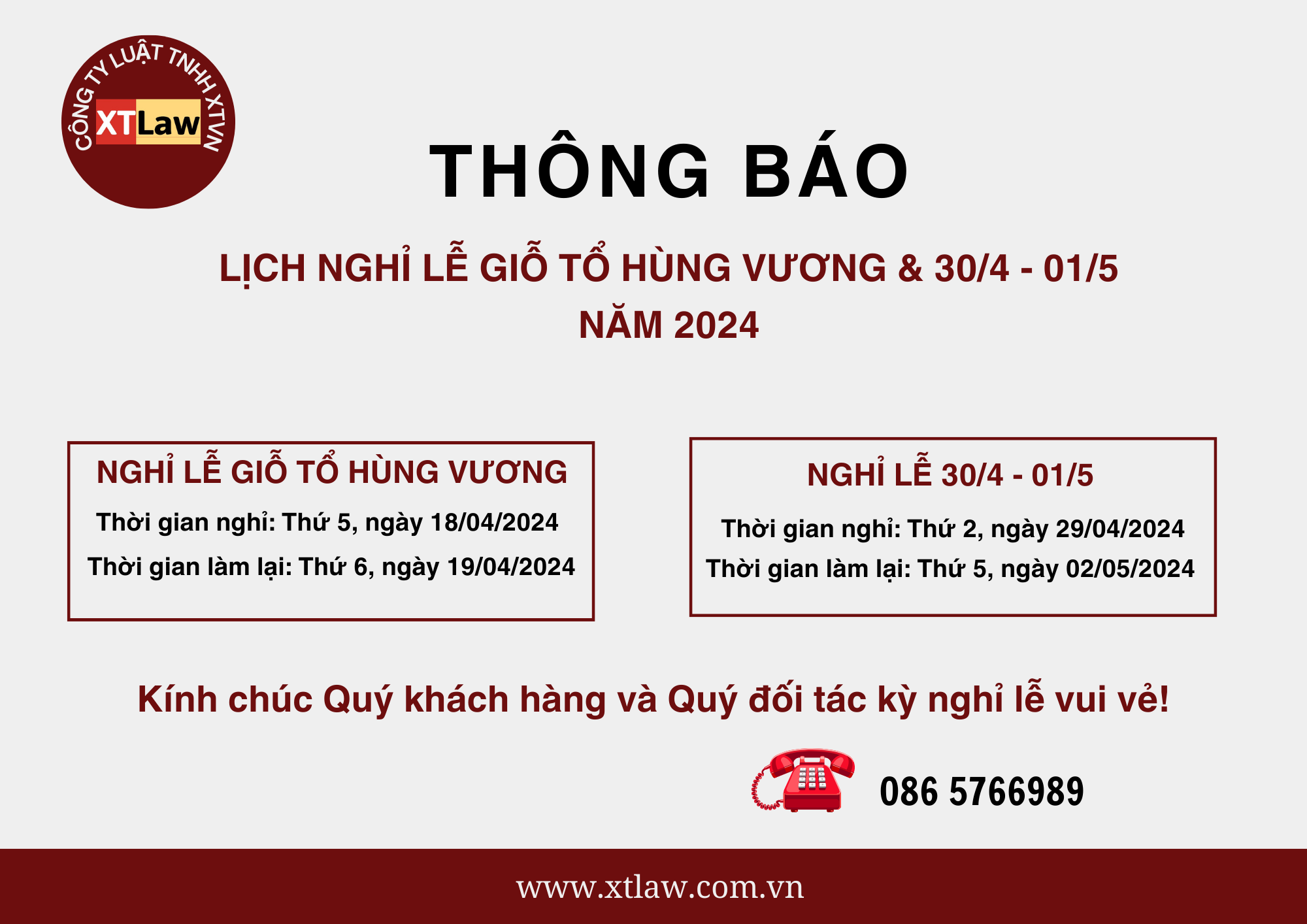 Thông báo nghỉ lễ Giỗ Tổ Hùng Vương, 30/4 – 01/5 năm 2024