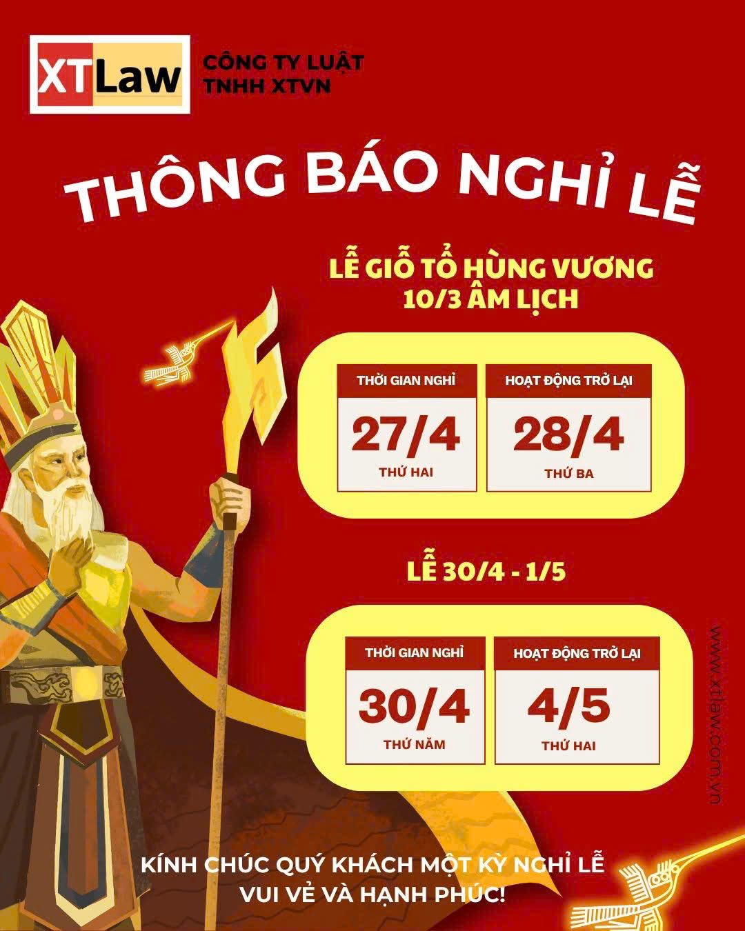 THÔNG BÁO LỊCH NGHỈ LỄ GIỖ TỔ HÙNG VƯƠNG, 30/4 VÀ 01/5 NĂM 2026